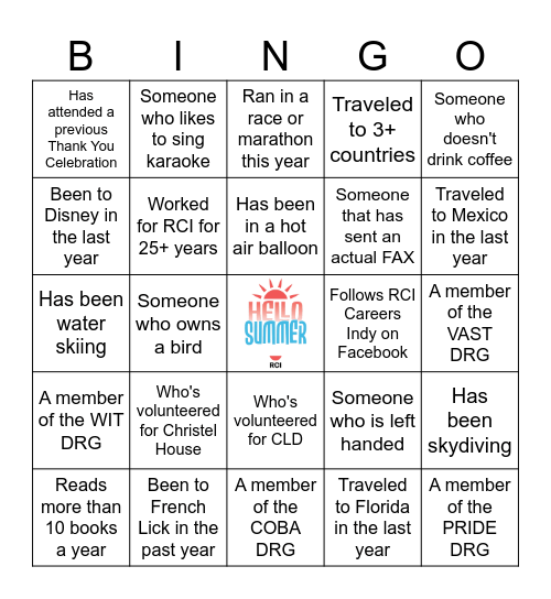 Hello Summer Bingo Card