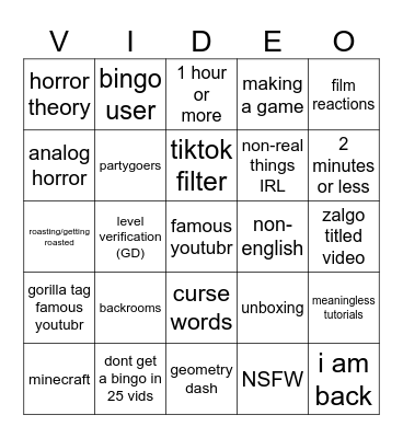 youtube bingo Card