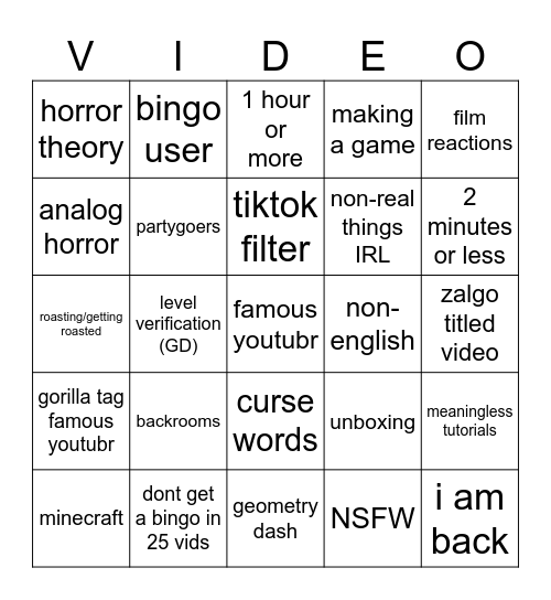 youtube bingo Card