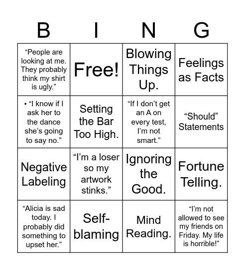 thinking errors Bingo Card