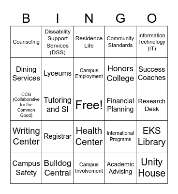 WU Campus Resources Bingo Card