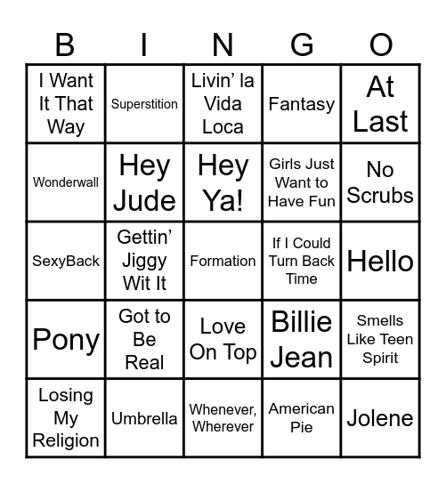 Decades Musical Bingo Card