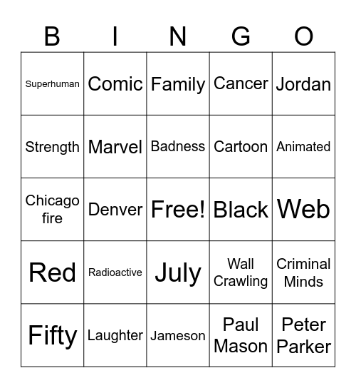 Spidey Bingo Card