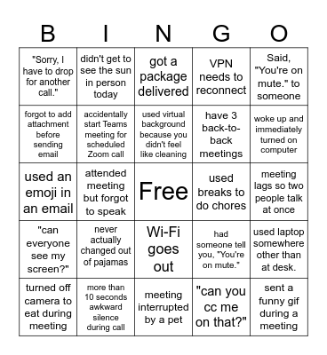 Telework Bingo Card