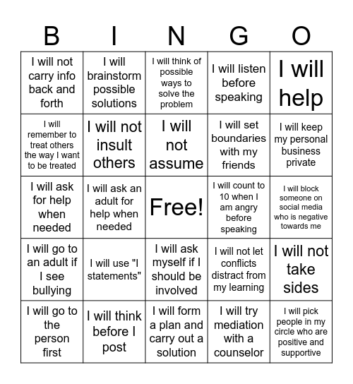 Conflict Resolution Bingo Card