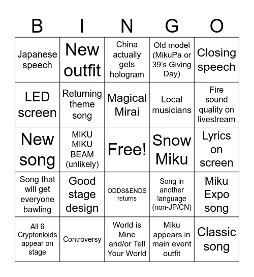 Miku With You 2024 Bingo Card