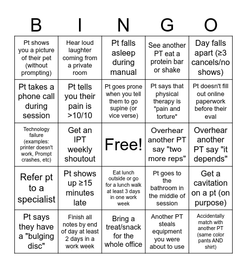 Integral Physical Therapy Bingo Card