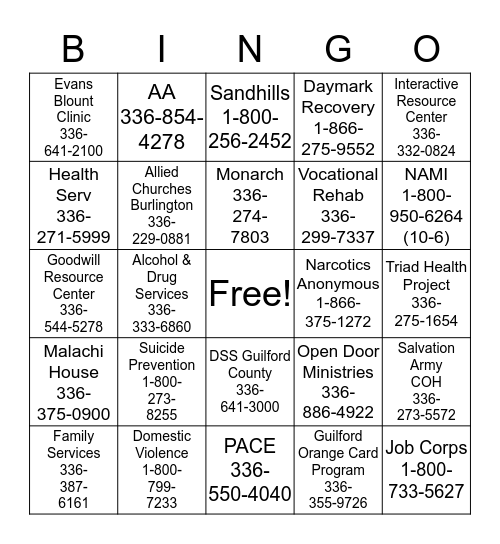 Community Resources Bingo Card