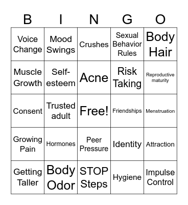 Puberty Bingo Card