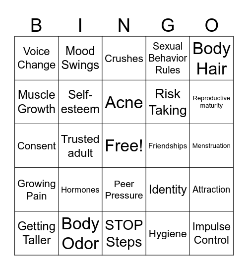 Puberty Bingo Card