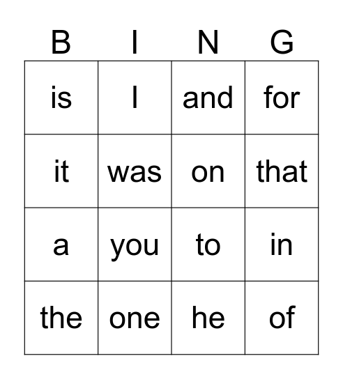 List 1-4 Bingo Card