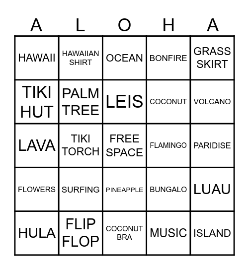 LUAU BINGO Card