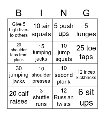 True Fitness Bingo Card