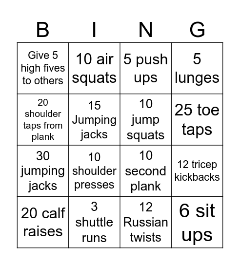 True Fitness Bingo Card