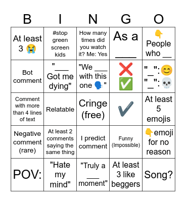 YouTube Shorts Comments Bingo Card