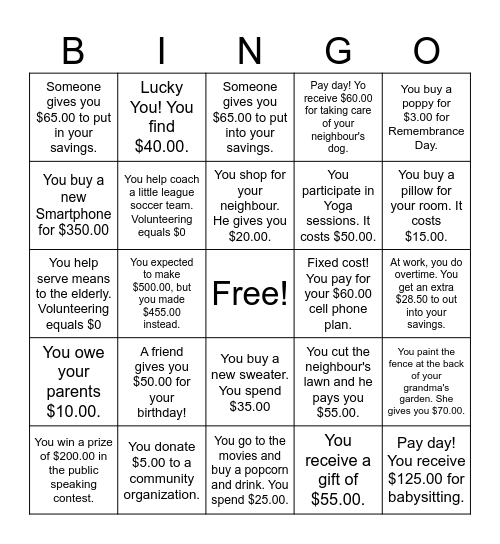 Financial Literacy BINGO Card