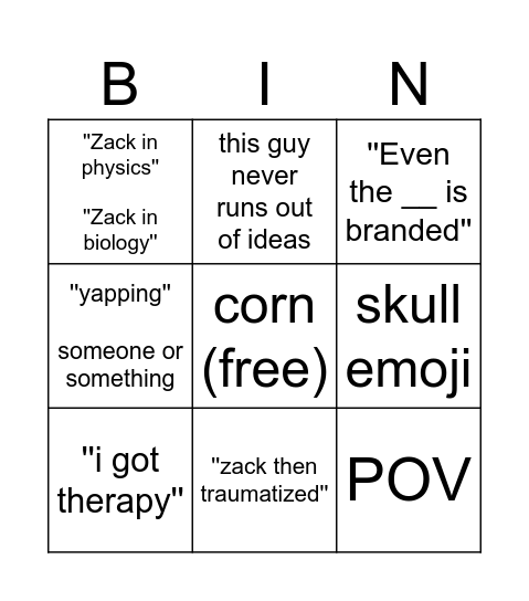 Zack D. Films YT shorts comments Bingo Card