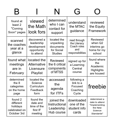 Elementary Instructional Leadership Hub Bingo Card