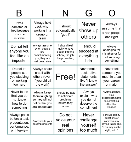 Imposter Syndrome Bingo Card