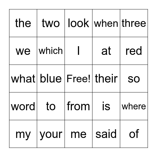 Tricky Word Bingo Card