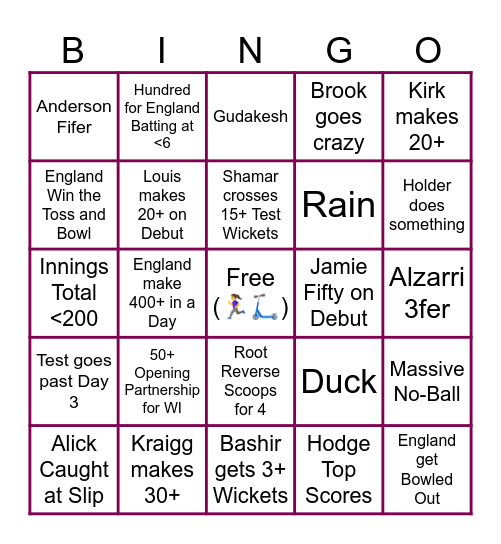 WI vs Colonizers XI at Lords Bingo Card