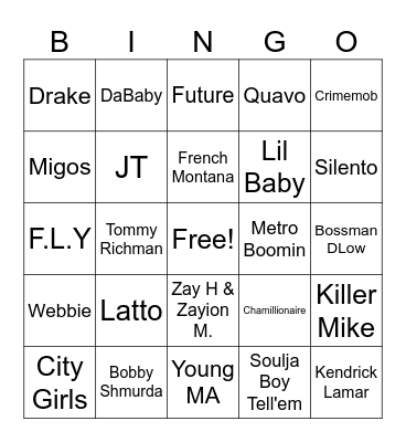 Hip Hop/Trap Mix Bingo Card