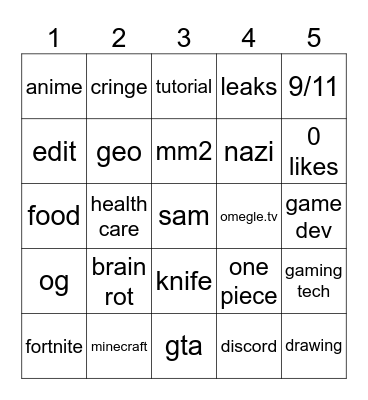 yt shorts bingo Card