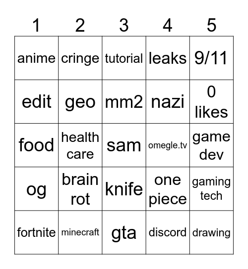 yt shorts bingo Card