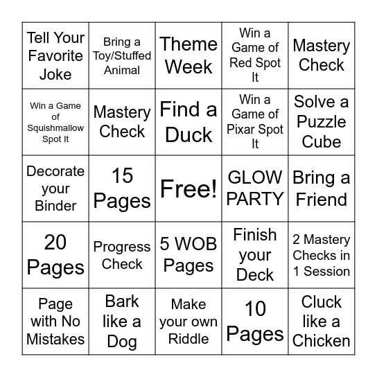 End of Summer Bingo Card