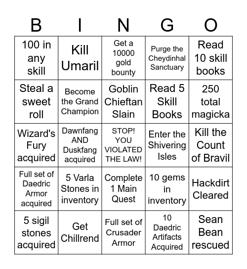 Oblivion Bingo Card