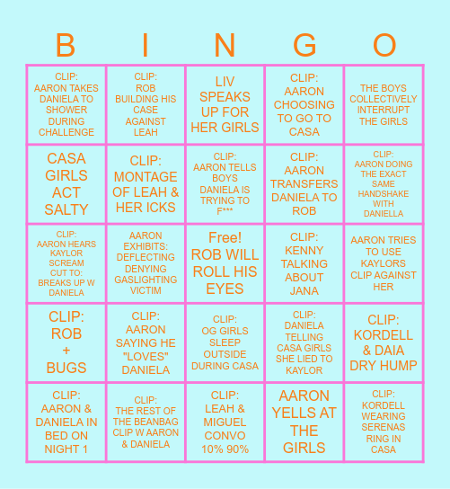 Love Island USA Movie Night Bingo Card