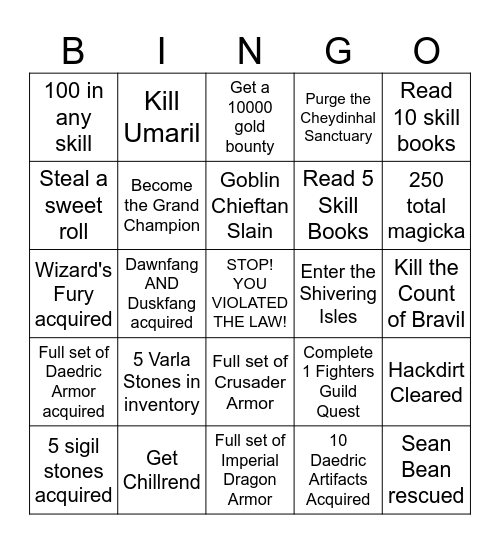 Oblivion Bingo Card