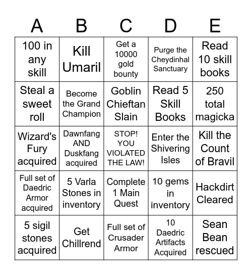 Oblivion Bingo Card