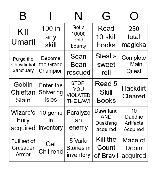 Oblivion Bingo Card