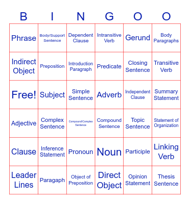 GRAMMAR BINGO Card