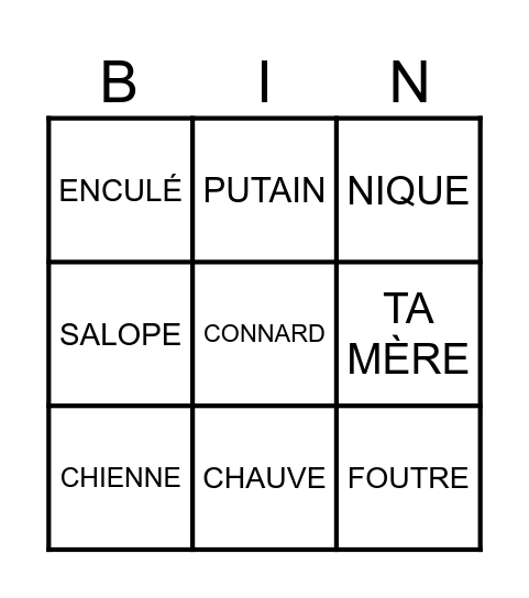Rage Insult Bingo Card