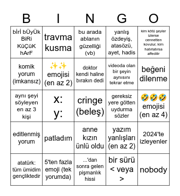 türkçe şortslar Bingo Card