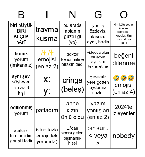 türkçe şortslar Bingo Card