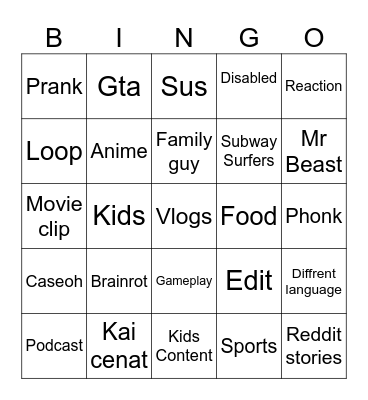 Youtube Shorts Bingo Card