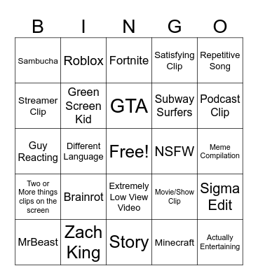 YT Shorts Bingo Card