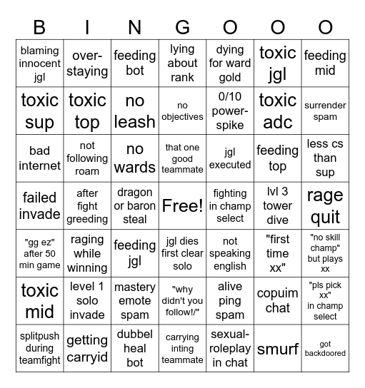 ranked lol Bingo Card