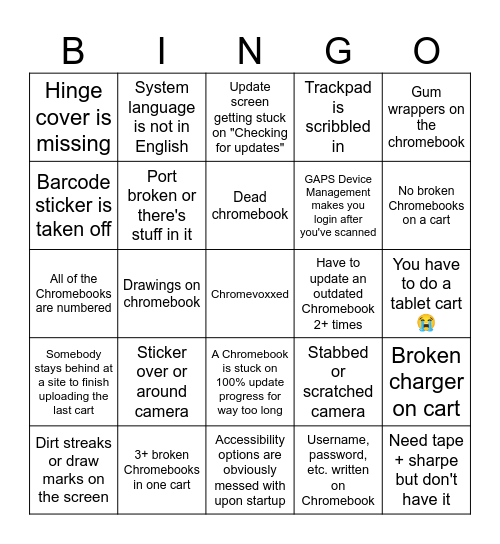 Chromebook Inventory Check Bingo Card