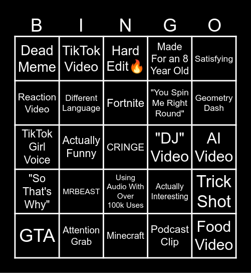 YouTube Shorts Bingo Card