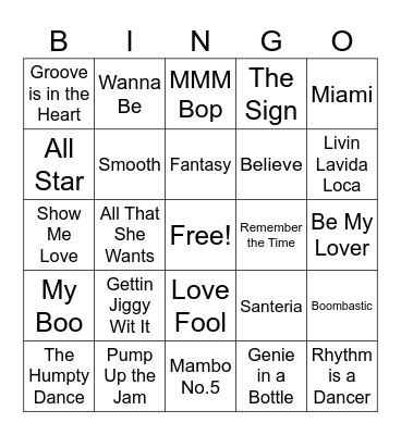 90's Summer Tunes Bingo Card