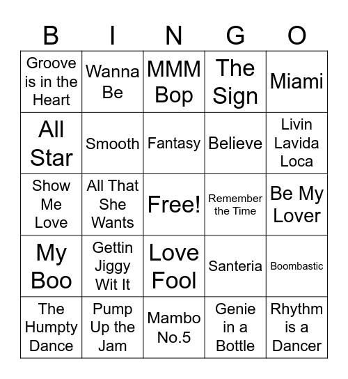 90's Summer Tunes Bingo Card