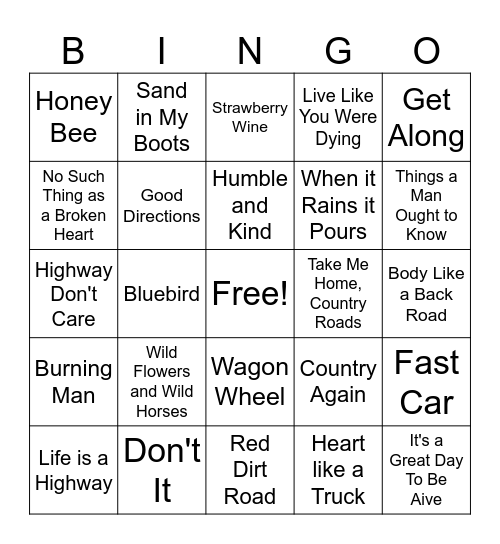 Wide Open Country Bingo Card