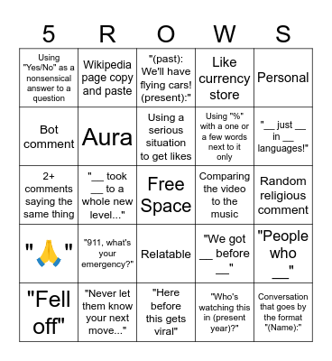 YouTube Comments (100+ Words) Bingo Card