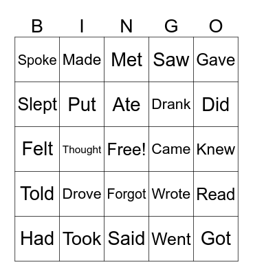 Past tense verbs Bingo Card