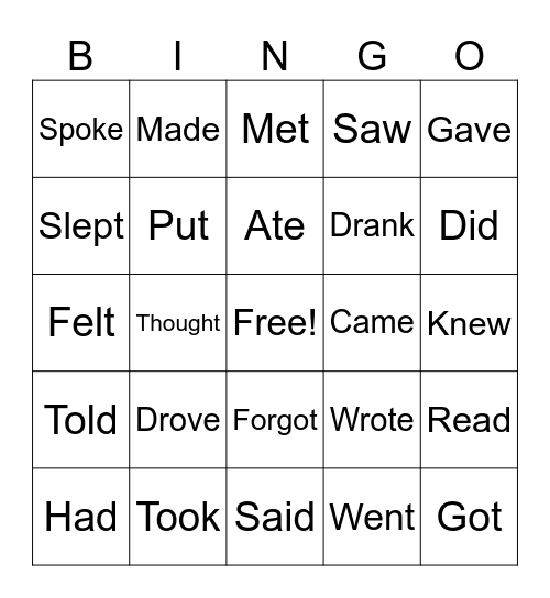 Past tense verbs Bingo Card