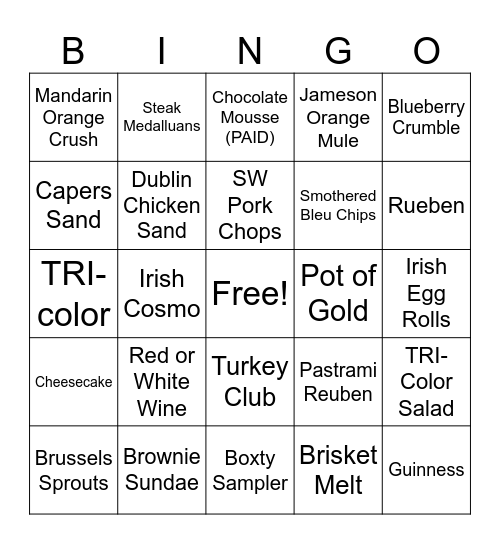 Irish Bingo Card